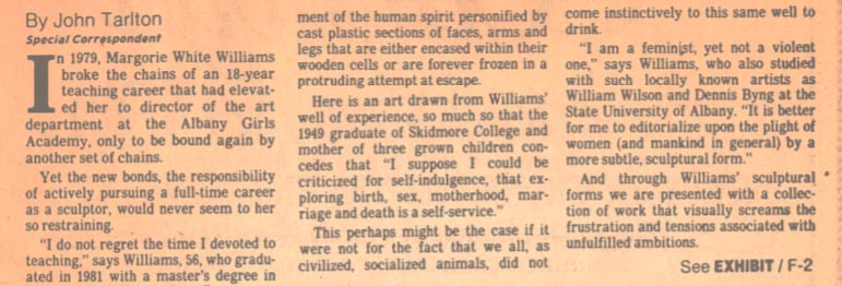 Review of art by Marjorie White Williams by John Tarlton in the Times Union.